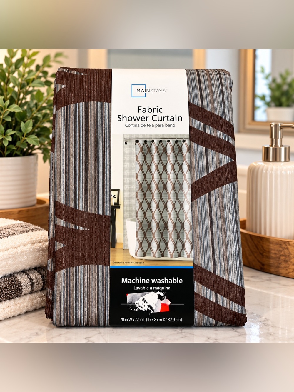🤎 Mainstays Fabric Shower Curtain – Brown & Gray Striped Geometric – 70” x 72” 🤎